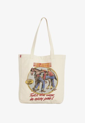 Leinwand-Stofftasche mit zwei Männern in Jeans-Latzhosen, die ein Pferd von gegenüberliegenden Seiten ziehen, umgeben von Seilen, beschriftet mit "Levi Strauss Overalls."