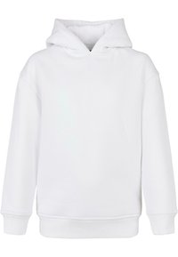 Weißer Kapuzenpullover aus weichem Material, mit Kängurutasche, Rippbündchen und -saum, in lockerer Passform.