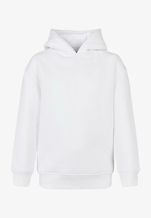 White hooded sweatshirt, made of soft fabric, features a kangaroo pocket, ribbed cuffs, and hem, with a relaxed silhouette.