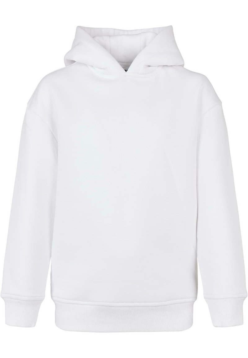 Weißer Kapuzenpullover aus weichem Material, mit Kängurutasche, Rippbündchen und -saum, in lockerer Passform.