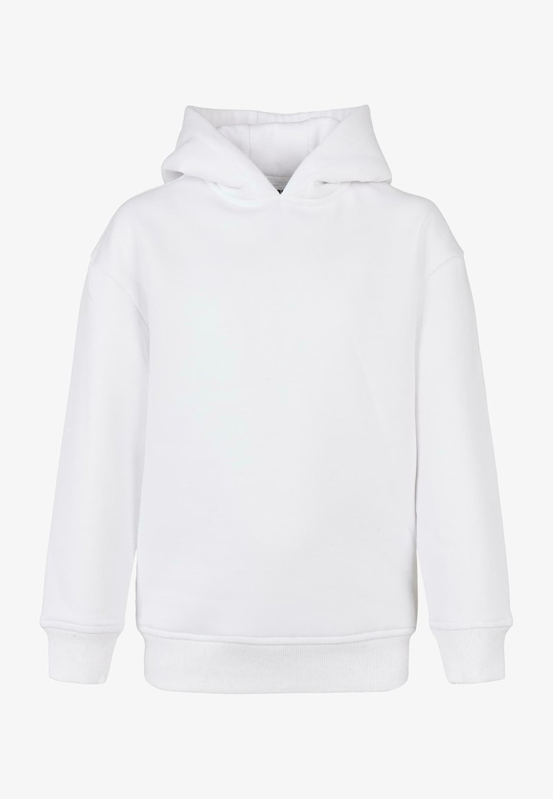 Hvid hætte sweatshirt, lavet af blødt stof, har en kangaroo-lomme, ribbede manchetter og kant, med en afslappet silhuet.