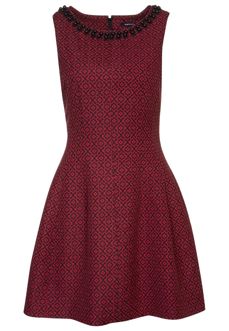 Robe rouge à motifs avec jupe évasée, décolleté arrondi orné de perles noires, sans manches, en tissu structuré.
