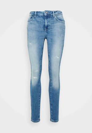 Hellblaue Slim-Fit-Jeans mit leichtem Used-Look an Oberschenkeln und Knien, vorne mit Knopf- und Reißverschluss sowie Fünf-Taschen-Design.