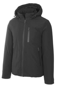 Giacca isolante nera con cappuccio, cerniera frontale, tasca con cerniera sul petto e due tasche laterali con cerniera, progettata per il freddo.