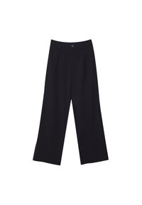Zwarte hoge taille wijde broek met knoopsluiting aan de voorkant en riemlussen, weergegeven tegen een witte achtergrond.