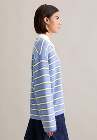 Sweter w paski w pastelowych kolorach: niebieskim, zielonym i białym, z białym kołnierzykiem i luźnym krojem, pokazany z boku na neutralnym tle.