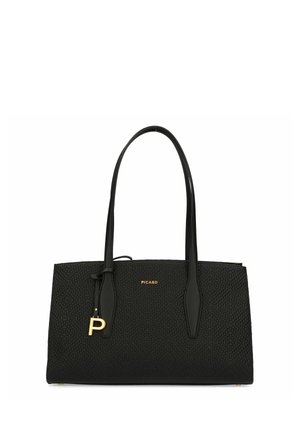 Bolso tote de cuero trenzado negro con asas largas, logo dorado "PICARD" y un colgante dorado en forma de "P" que cuelga cerca del asa.
