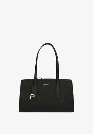 Schwarze gewebte Leder-Tote-Bag mit langen Henkeln, goldenem „PICARD“-Logo und einem goldenen „P“-Anhänger, der nahe am Henkel hängt.