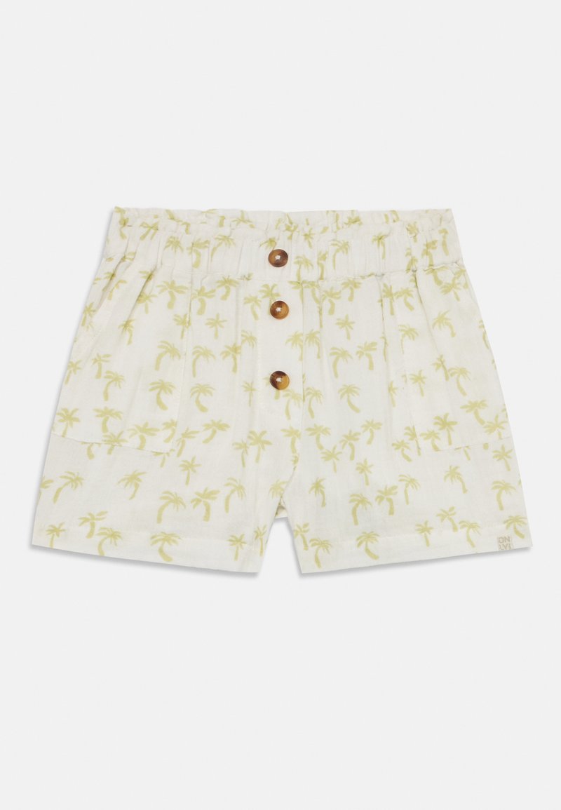 Pantaloni corti in lino con cintura elastica, di colore crema chiaro e con sottili stampe di palme verdi, chiusi con tre bottoni marroni.