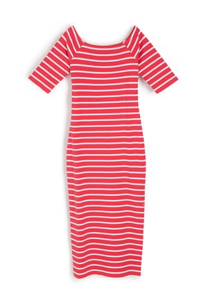 Czerwona i biała w paski dopasowana sukienka z kwadratowym dekoltem i krótkimi rękawami, wykonana z prążkowanej dzianiny elastycznej. Gładka tekstura, długość do kolan.