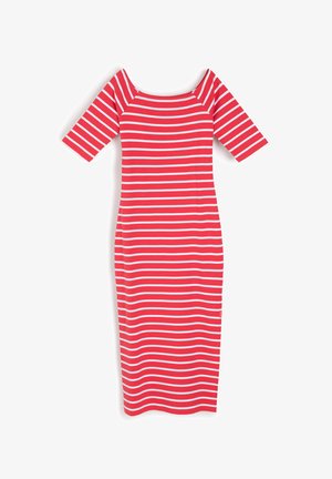 Czerwona i biała w paski dopasowana sukienka z kwadratowym dekoltem i krótkimi rękawami, wykonana z prążkowanej dzianiny elastycznej. Gładka tekstura, długość do kolan.