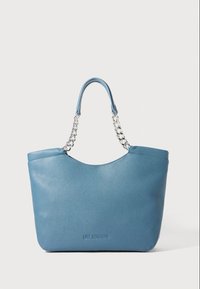 Blue textured leather tote bag with silver chain and leather handles, featuring embossed "LOVE MOSCHINO" logo on front.