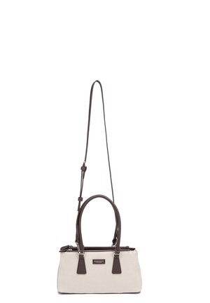 Borsa rettangolare beige con manici marrone scuro e tracolla regolabile, cerniera superiore e piccola etichetta del marchio sul davanti.