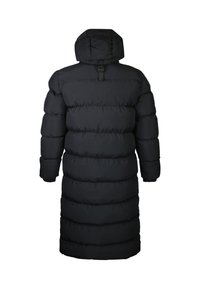 Long manteau d'hiver noir matelassé avec capuche, vu de dos, avec des sections matelassées horizontales et une boucle au niveau du cou.