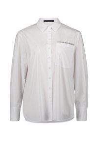 White long-sleeve shirt with a classic collar, button-up front, and a single chest pocket featuring a decorative accent. Smooth fabric texture.