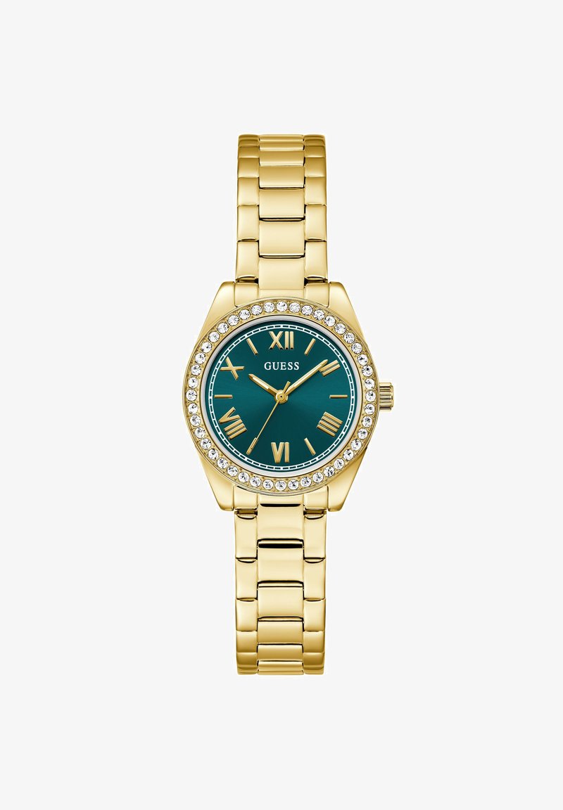 Orologio da polso in metallo tono oro con quadrante turchese, numeri romani, lunetta incastonata di cristalli, tre lancette e cinturino a maglie.