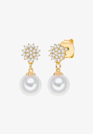Orecchini a bottone in oro con grappoli di piccole pietre trasparenti e singole perle bianche rotonde pendenti.
