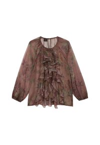 Durchsichtige Bluse mit langen Ärmeln, mauvefarbenem Blumenmuster und geschichteten Rüschen an der Vorderseite, runder Ausschnitt mit Knopfverschluss auf der Rückseite.