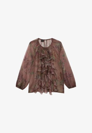 Blusa trasparente a maniche lunghe con motivo floreale malva e strati di volant sulla parte frontale, scollatura rotonda con chiusura a bottoni sul retro.