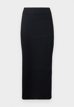 Czarna prążkowana spódnica midi z dopasowanym krojem, szerokim paskiem i teksturowaną tkaniną. Gładkie wykończenie, bez widocznych wzorów czy akcentów.