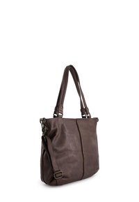 Braune Leder-Shopper-Tasche mit zwei oberen Tragegriffen und einem verstellbaren Schultergurt. Sie verfügt über eine glatte Textur und ein minimalistisches Design ohne sichtbare Hardware.