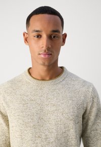 Lys beige strikkegenser med teksturert mønster, rund hals og ribbestrikkede mansjetter. Designet for en tettsittende silhuett.