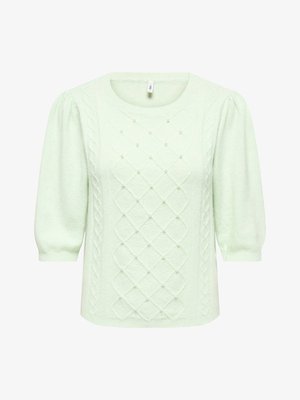 Heleroheline kampsun, millel on ümar kaelus, õhupallimisega varrukad, tekstuuriga palmikmustriga kootud disain ja dekoratiivsed pärlitest aktsendid teemantmustris.