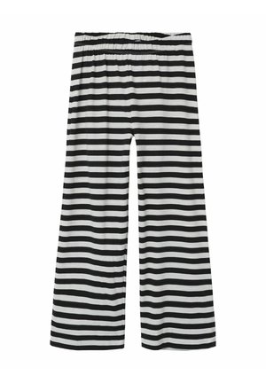 Czarno-białe spodnie o szerokich nogawkach w poziome paski, z elastycznym paskiem w pasie, pokazane na płasko na białym tle.