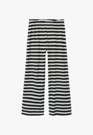 Pantalon large à rayures horizontales noir et blanc avec taille élastique, présenté à plat sur fond blanc.