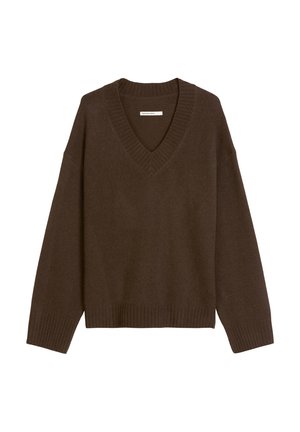 Brauner Strickpullover mit V-Ausschnitt, oversized Schnitt und gerippten Bündchen. Weicher Stoff und mittlere Dicke, geeignet zum Übereinanderziehen.