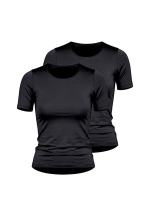 Two plain black short-sleeve crew neck t-shirts, one slightly behind the other, displayed on a white background.