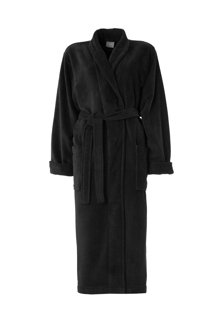 Schwarzer, kapuzenförmiger Bademantel aus weichem, samtigem Stoff. Verfügt über lange Ärmel, einen Gürtel und zwei vordere Taschen. Mittellange bis zur Wade.