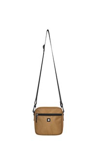 Braune Stoff-Crossbody-Tasche mit strukturiertem Oberflächen, schwarzem Reißverschluss und verstellbarem Tragegurt. Verfügt über eine vordere Reißverschlusstasche und ein Logopatch.