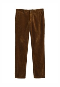 Brown corduroy trousers with a straight leg design, featuring a front button closure and two side pockets. Textured fabric with ribbed pattern.