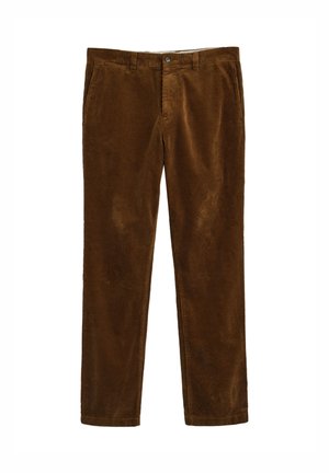 Brown corduroy trousers with a straight leg design, featuring a front button closure and two side pockets. Textured fabric with ribbed pattern.