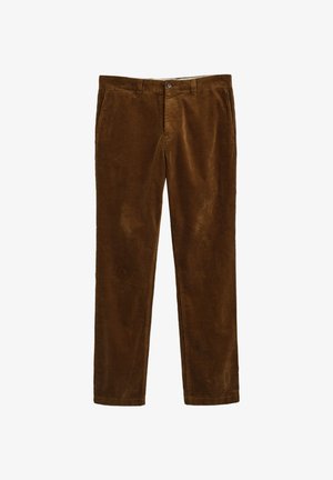 Pantalones de pana marrones con un diseño de pierna recta, que presentan un cierre frontal con botón y dos bolsillos laterales. Tela texturizada con patrón acanalado.