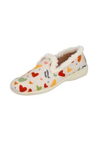Zapatilla de casa tipo slip-on con patrones de corazones multicolores, forro esponjoso blanco y suela color beige claro, diseñada para brindar comodidad y calor.