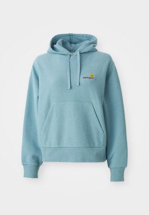 Haut à capuche bleu clair en tissu doux, avec une poche frontale, des cordons de serrage et un logo brodé sur la poitrine. Poignets et ourlet côtelés.