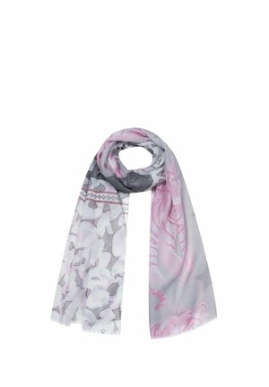 Light gray scarf with pink and white floral patterns, loosely rolled at the top, with fringed edges.