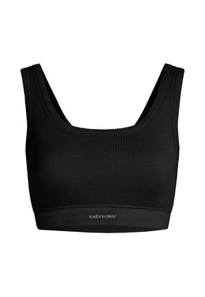 Černý žebrovaný crop top s širokými ramínky a kulatým výstřihem, zdobený logem na elastickém pásu na spodním okraji.