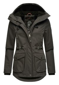 Dark gray hooded jacket made of waterproof material, featuring a zip-up front, drawstrings, two front pockets, and contrasting black lining.