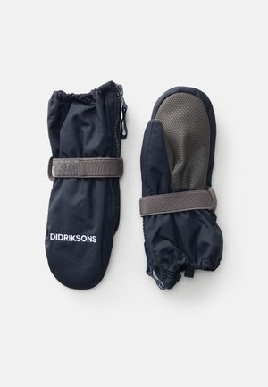 Une paire de moufles d'hiver Didriksons bleu marine avec des sangles de poignet réglables et des paumes texturées, posées à plat sur un fond blanc.