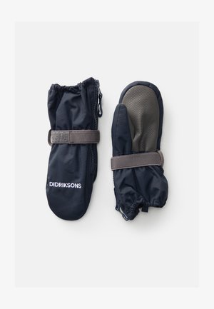Un paio di guanti invernali Didriksons blu navy con cinturini regolabili per i polsi e palmi testurizzati, posati su uno sfondo bianco.