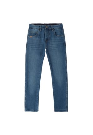Pantalones vaqueros de mezclilla azul con un corte recto, que cuentan con cierre de cremallera y botón, cinco bolsillos y un ligero desvanecimiento para un aspecto usado.