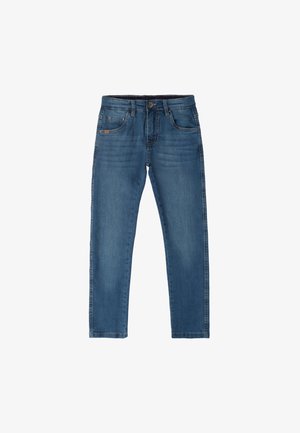 Jeans in denim blu con taglio dritto, dotati di chiusura con zip e bottone, cinque tasche e una leggera scoloritura per un aspetto vissuto.