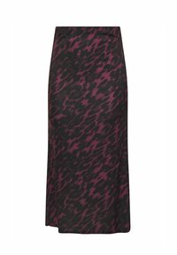 Jupe noire avec un motif texturé dans des nuances de violet foncé, présentant une taille ajustée et une silhouette droite. Fini en tissu lisse.