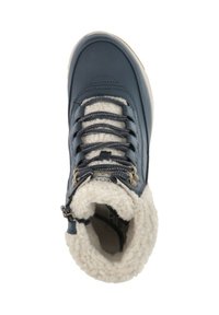 Donkerblauwe waterdichte sneaker met een witte fleece voering, metalen oogjes en getextureerde veters. Voorzien van een zijrits voor gemakkelijke toegang.
