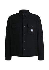 Schwarzes Hemd mit Knöpfen aus geripptem Stoff, mit zwei Brusttaschen, einem klassischen Kragen und einem Markenpatch auf der linken Tasche.