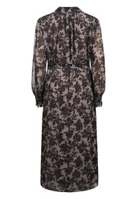 Zwart bloemenprint doorschijnend jurkje met lange pofmouwen, een enganjerende taille en een rok tot de knie met een achterklep en kraag.