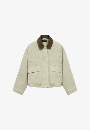 Beige bomuldsjakke med brun kordfløjlskrave, frontlynlås og to store klaplommer. Lange ærmer og cropped kant.